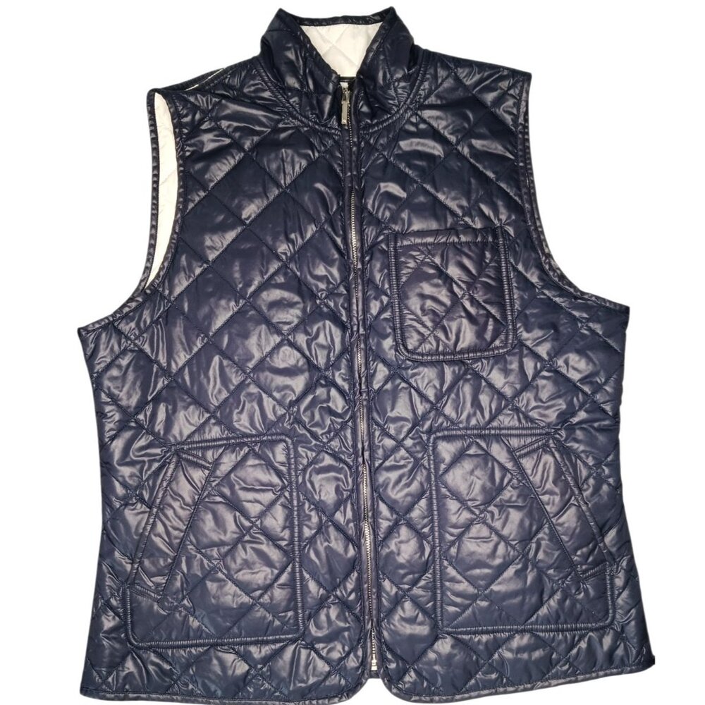 Lauren by Ralph Lauren Navy White Quilted Reversible Pocket Vest Womens Large